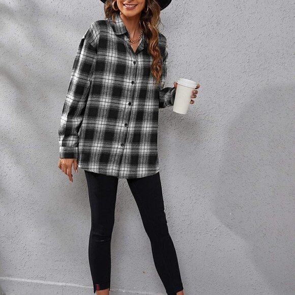 Black and White Casual Womens Plaid Print Drop Shoulder Shirt - Picture 5 of 5